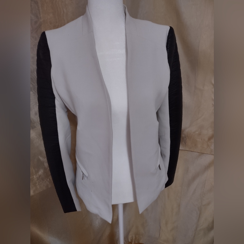 H&M Light Grey Jacket with Black leather arms. Size 6.